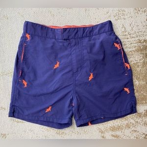 BODEN Boys Blue & Orange Embroidered Shark Swim Trunks | Size 8-9Y